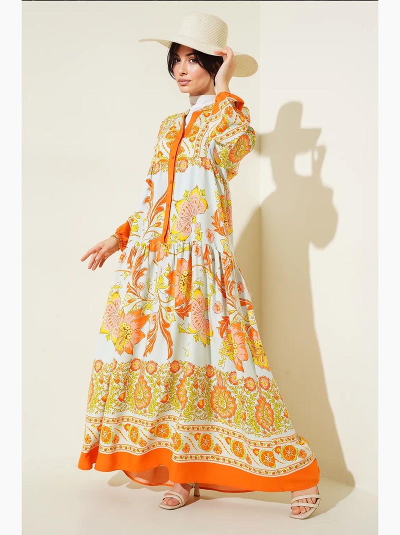 Vestido comprido estampado com decote em v bdart Laranja - Kiabi