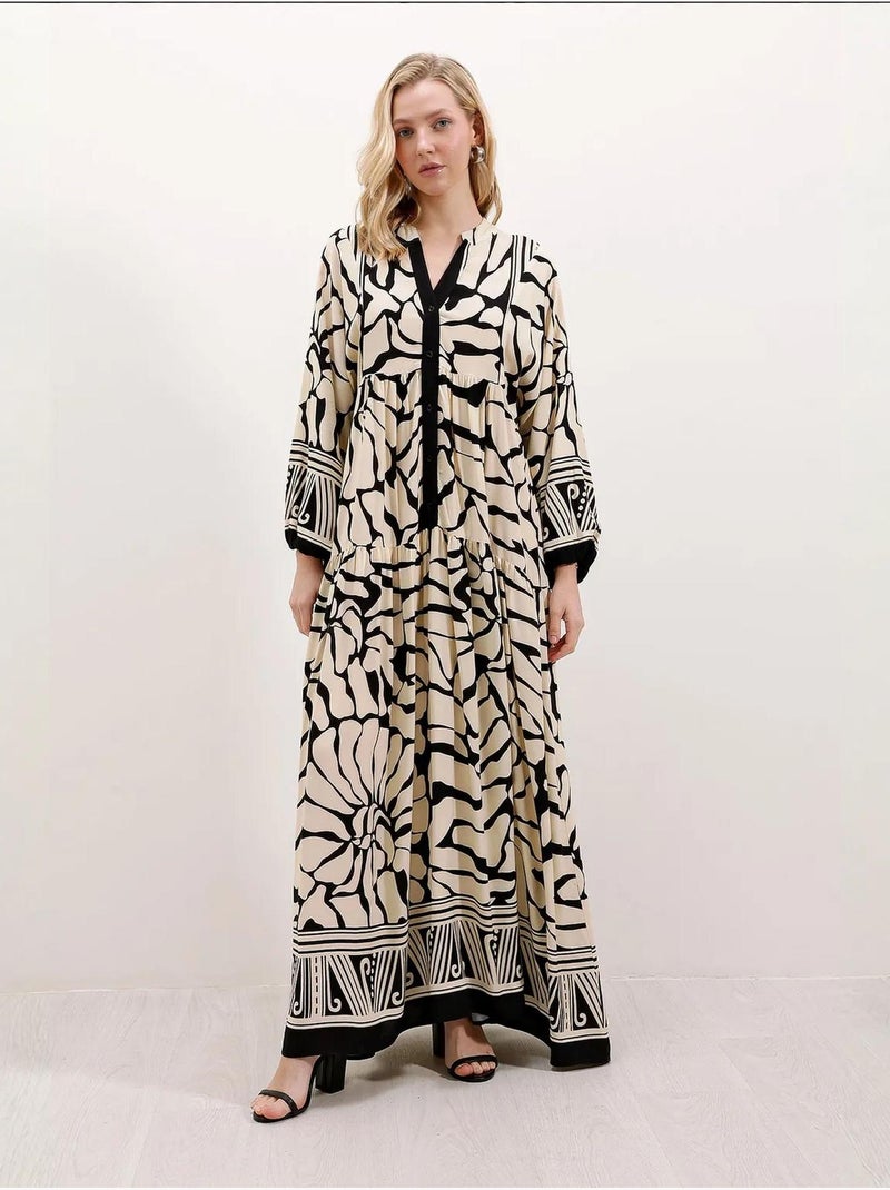 Vestido comprido estampado com decote em v bdart Marfim - Kiabi