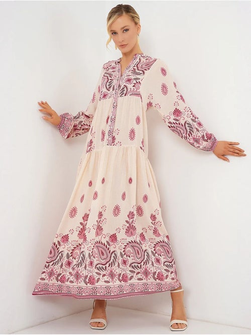 Vestido comprido estampado com decote em v bdart - Kiabi Vestido comprido estampado com decote em v bdart - Kiabi