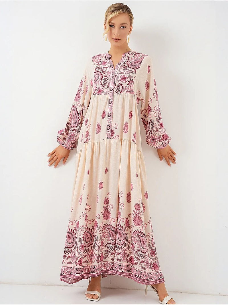 Vestido comprido estampado com decote em v bdart Rosa-pálido - Kiabi