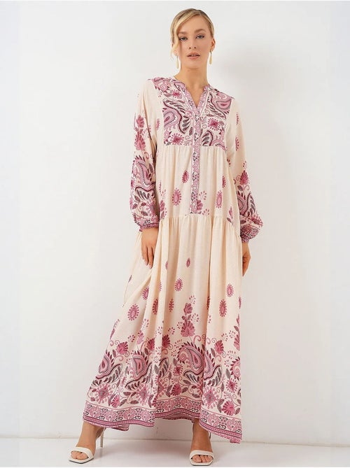 Vestido comprido estampado com decote em v bdart - Kiabi Vestido comprido estampado com decote em v bdart - Kiabi