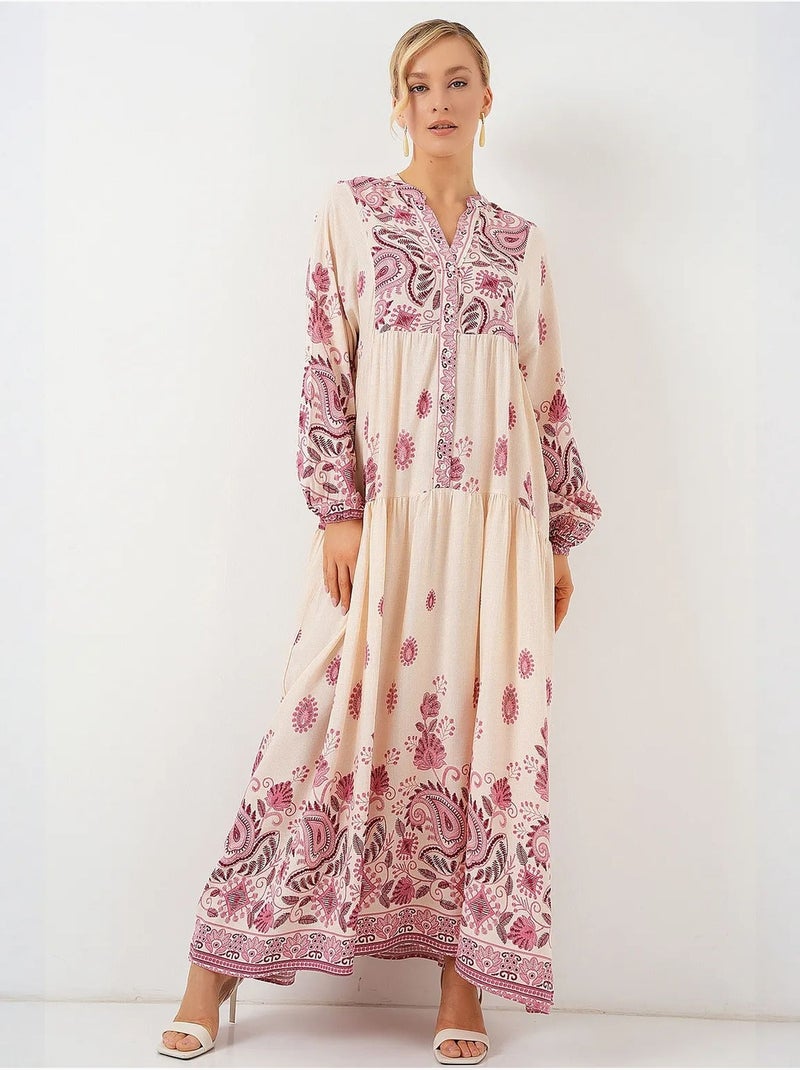 Vestido comprido estampado com decote em v bdart Rosa-pálido - Kiabi