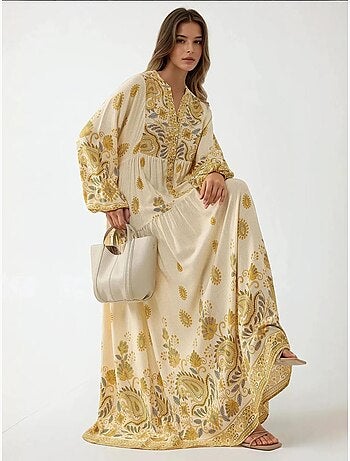 Vestido comprido estampado com decote em v e detalhe de botão hiccup