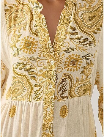 Vestido comprido estampado com decote em v e detalhe de botão hiccup