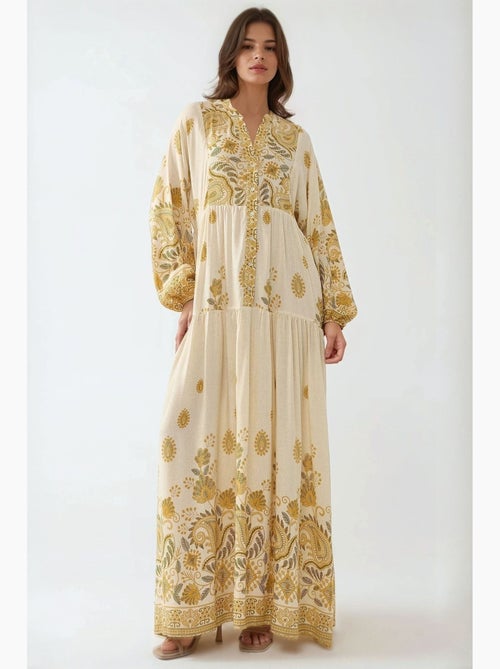 Vestido comprido estampado com decote em v e detalhe de botão hiccup - Kiabi