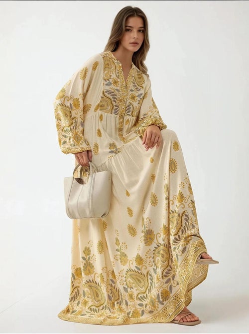 Vestido comprido estampado com decote em v e detalhe de botão hiccup - Kiabi