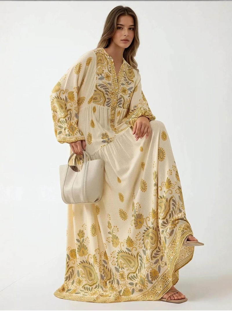 Vestido comprido estampado com decote em v e detalhe de botão hiccup Amarelo-limão - Kiabi