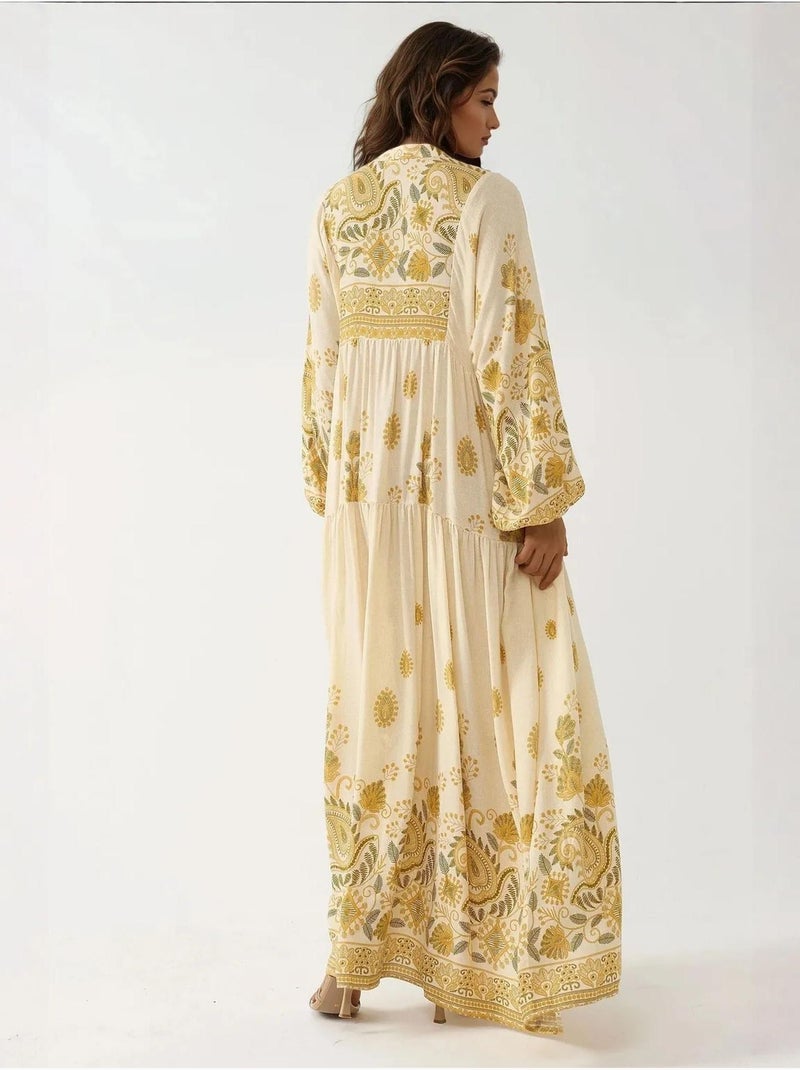 Vestido comprido estampado com decote em v e detalhe de botão hiccup Amarelo-limão - Kiabi