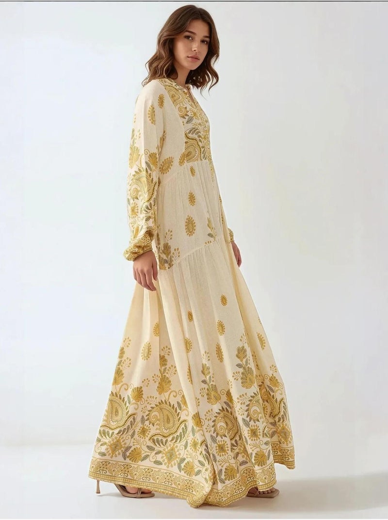 Vestido comprido estampado com decote em v e detalhe de botão hiccup Amarelo-limão - Kiabi