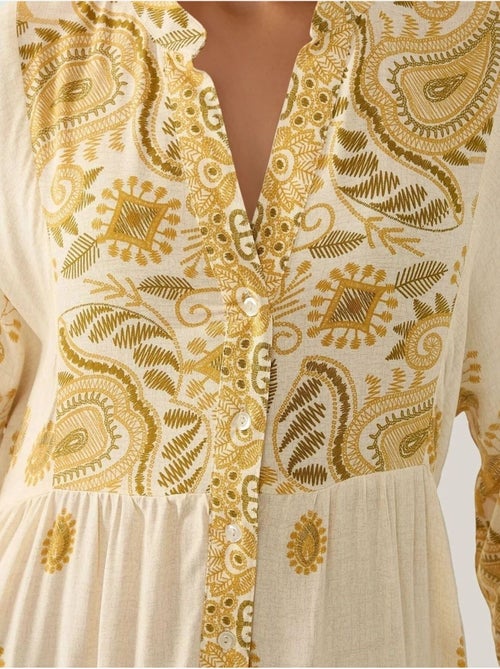 Vestido comprido estampado com decote em v e detalhe de botão hiccup - Kiabi