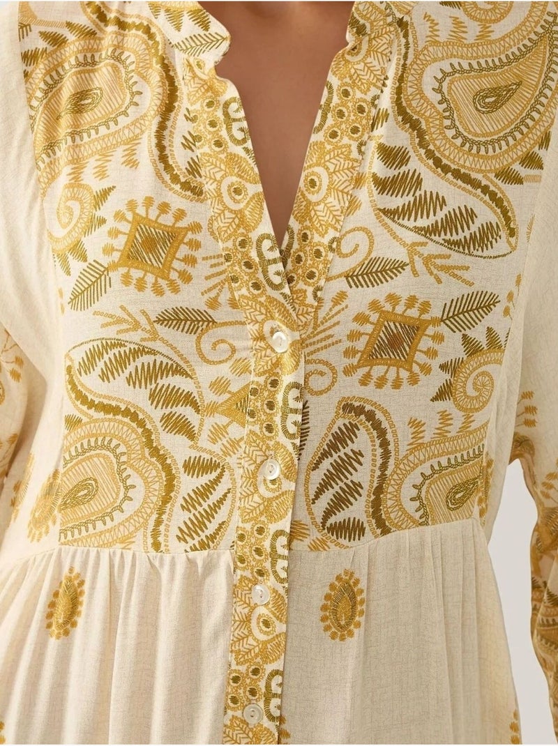 Vestido comprido estampado com decote em v e detalhe de botão hiccup Amarelo-limão - Kiabi