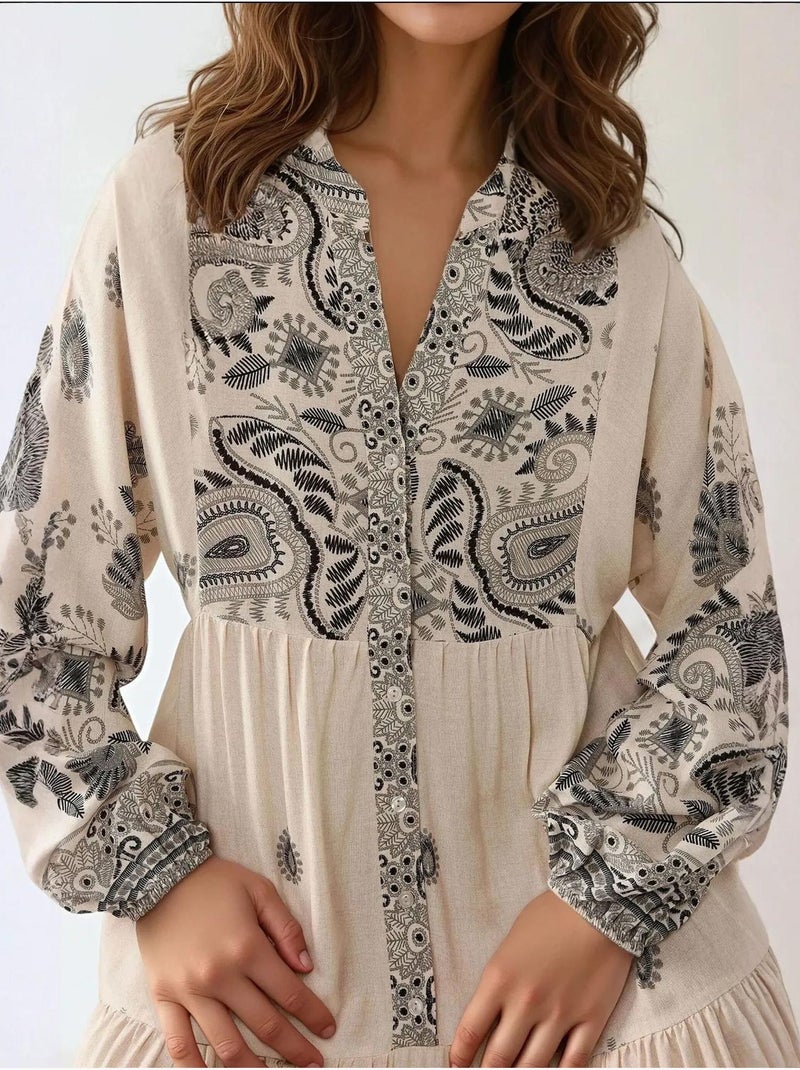 Vestido comprido estampado com decote em v e detalhe de botão hiccup Branco sujo - Kiabi