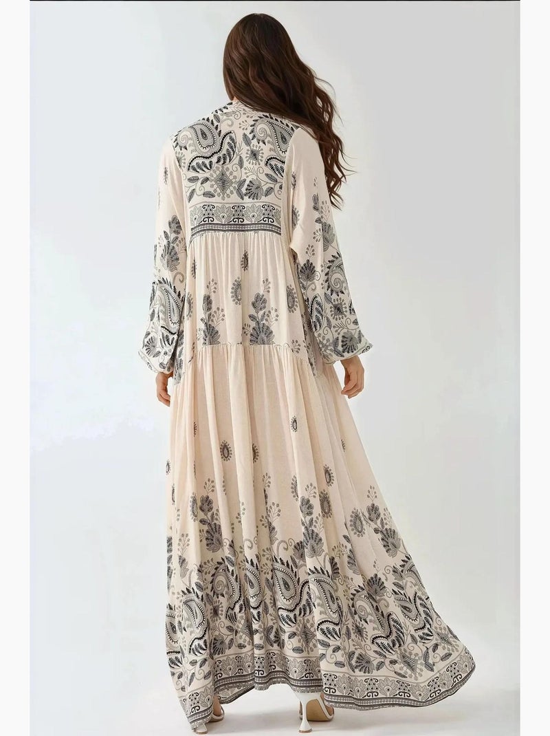 Vestido comprido estampado com decote em v e detalhe de botão hiccup Branco sujo - Kiabi