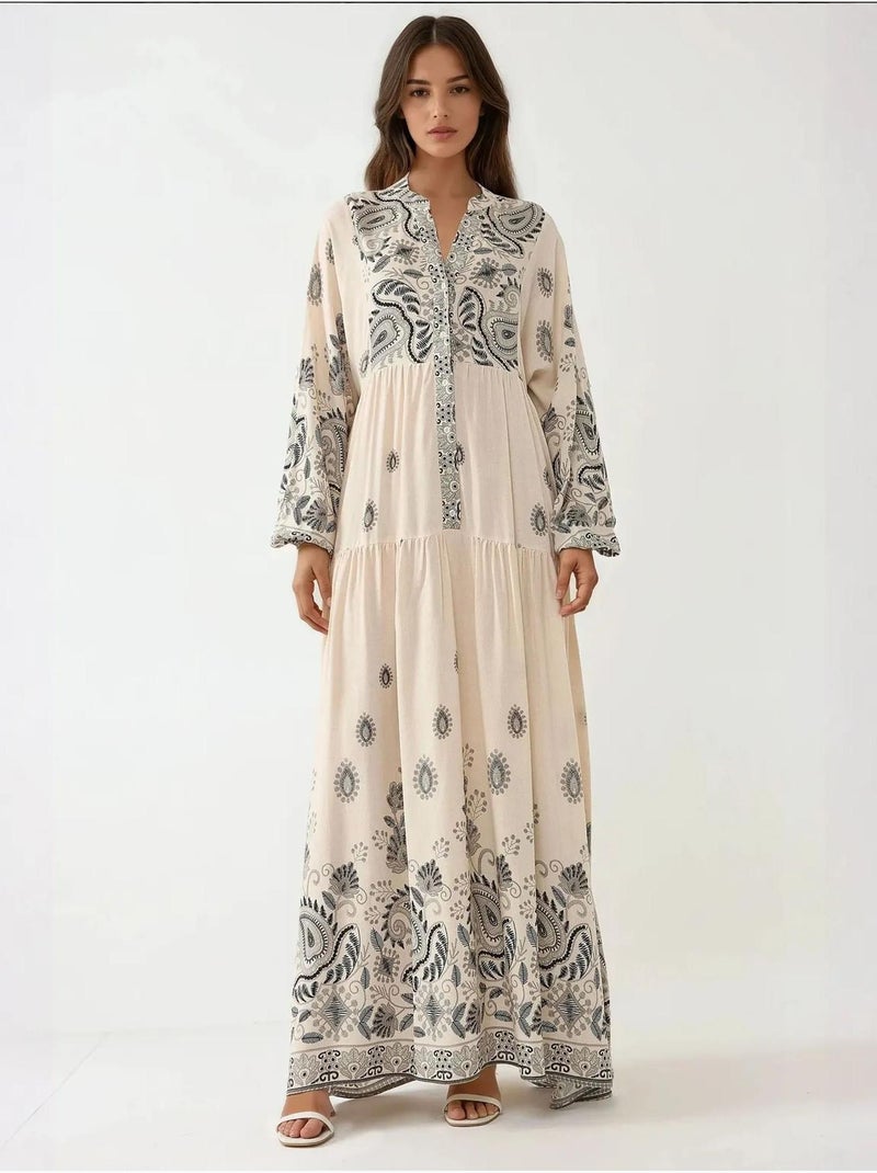 Vestido comprido estampado com decote em v e detalhe de botão hiccup Branco sujo - Kiabi