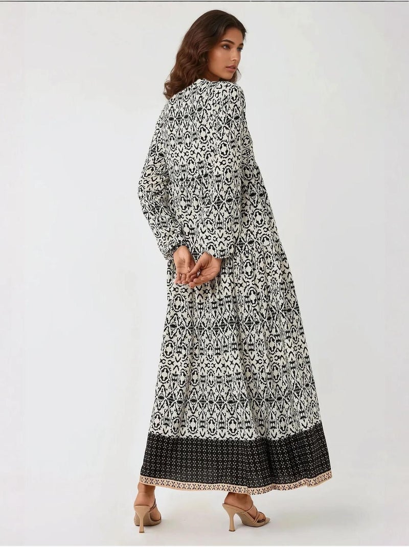 Vestido comprido estampado com gola de camisa hiccup Preto - Kiabi
