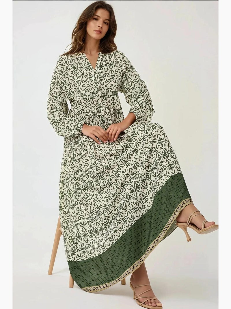 Vestido comprido estampado com gola de camisa hiccup Verde - Kiabi