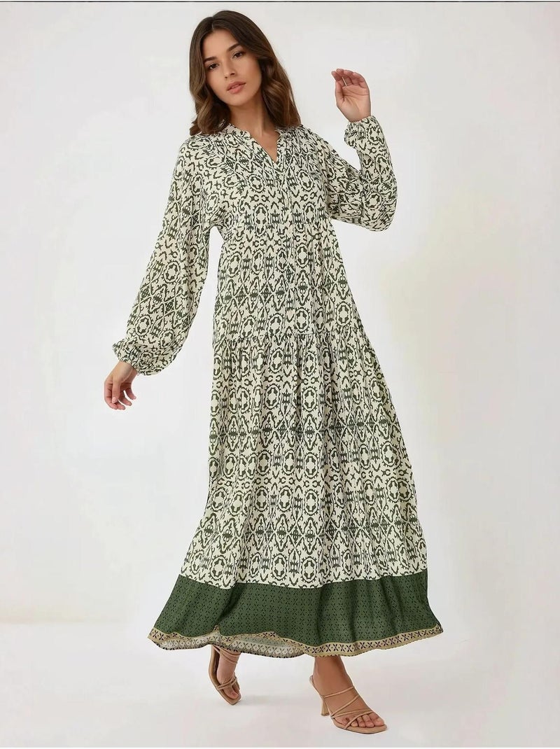 Vestido comprido estampado com gola de camisa hiccup Verde - Kiabi