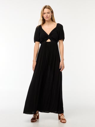 Vestido comprido estampado com rachas