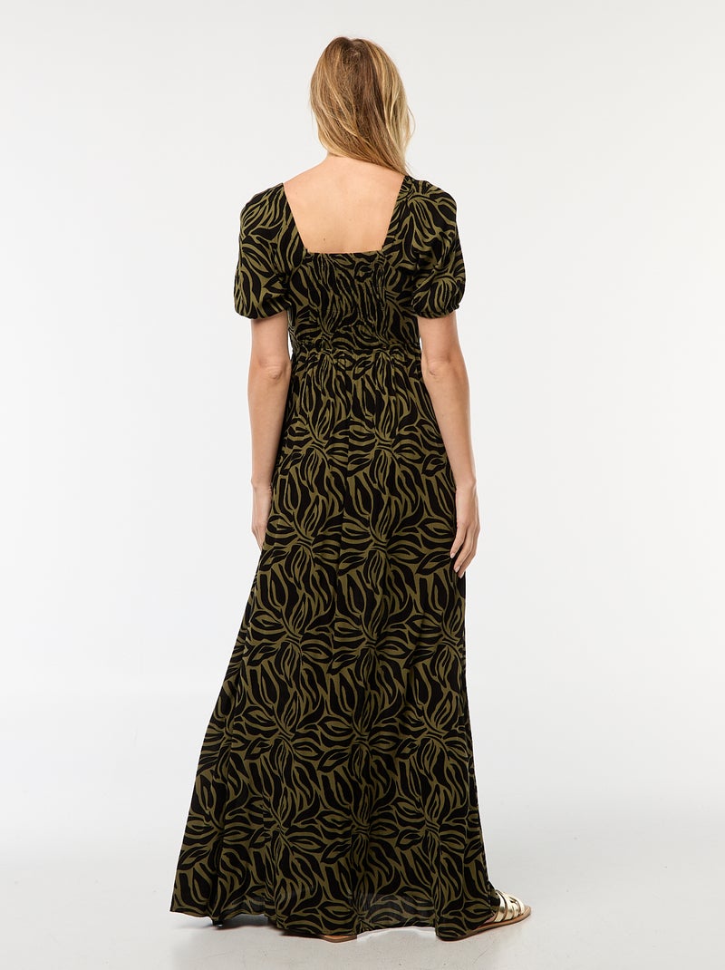 Vestido comprido estampado com rachas Verde - Kiabi