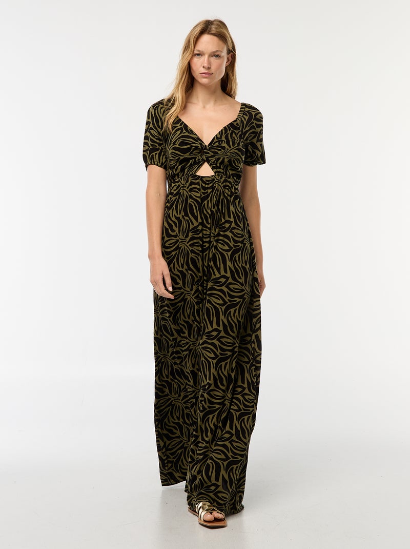 Vestido comprido estampado com rachas Verde - Kiabi