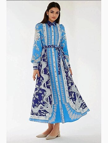 Vestido comprido estampado de manga comprida com cinto
