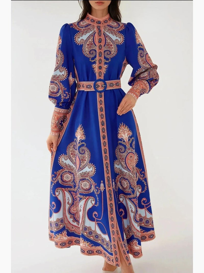 Vestido comprido estampado de manga comprida com cinto hiccup Azul-elétrico - Kiabi