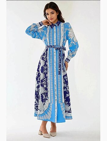 Vestido comprido estampado de manga comprida com cinto hiccup