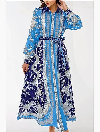 Vestido comprido estampado de manga comprida com cinto hiccup