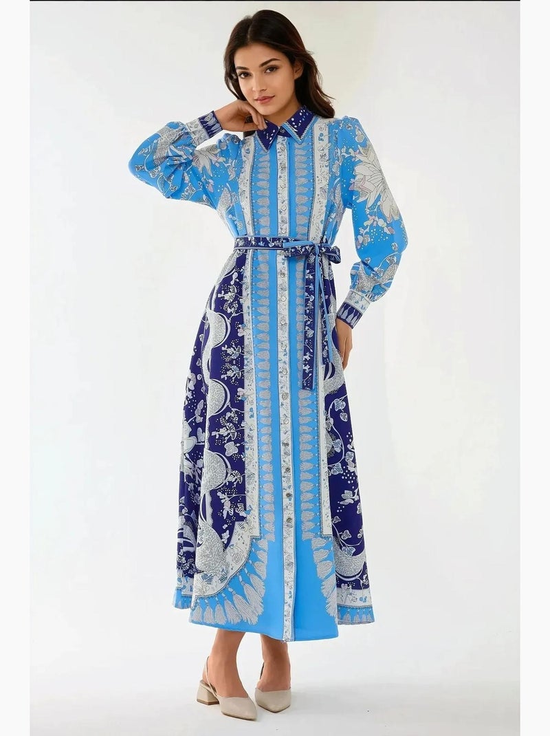 Vestido comprido estampado de manga comprida com cinto hiccup Azul - Kiabi