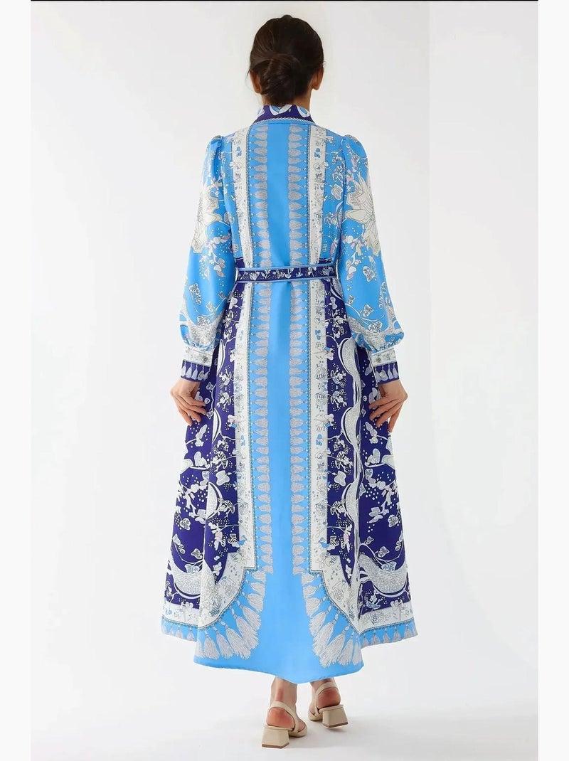 Vestido comprido estampado de manga comprida com cinto hiccup Azul - Kiabi