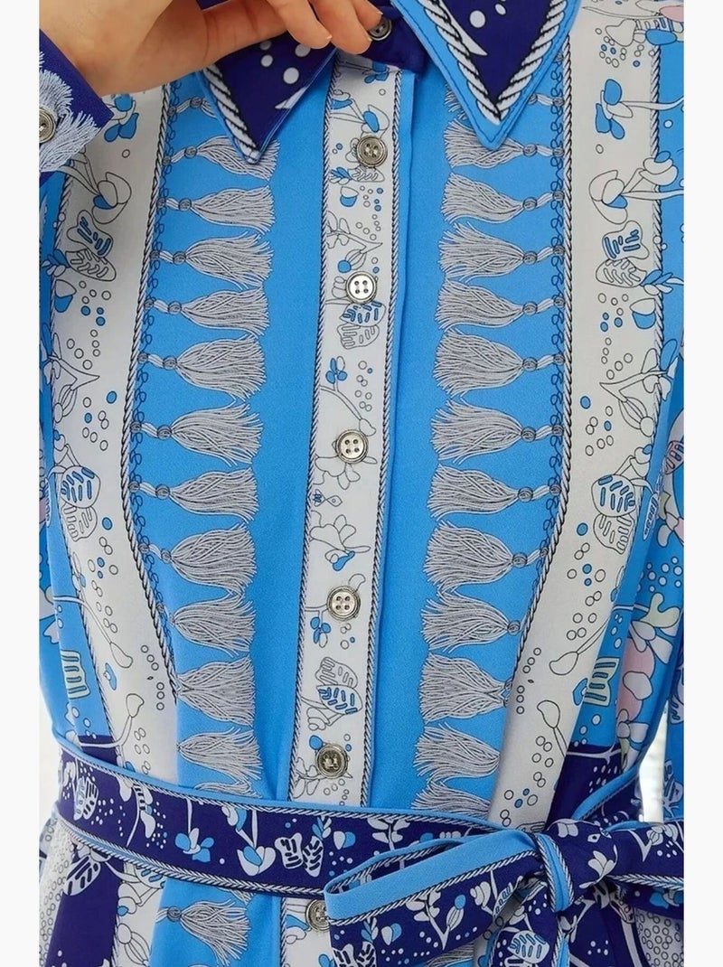 Vestido comprido estampado de manga comprida com cinto hiccup Azul - Kiabi