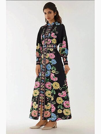 Vestido comprido estampado de manga comprida com cinto hiccup