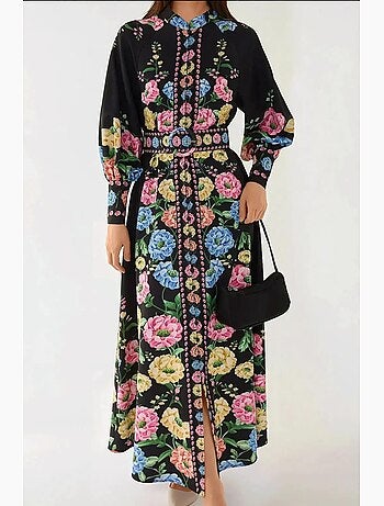 Vestido comprido estampado de manga comprida com cinto hiccup
