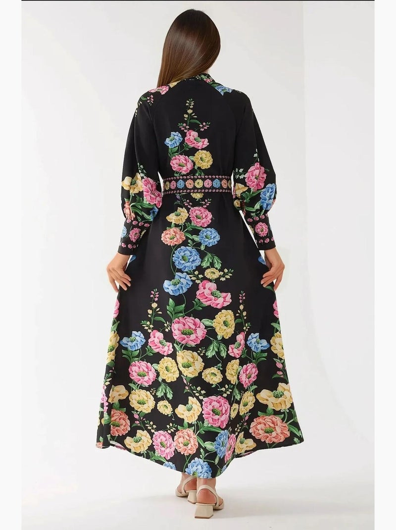 Vestido comprido estampado de manga comprida com cinto hiccup Preto - Kiabi