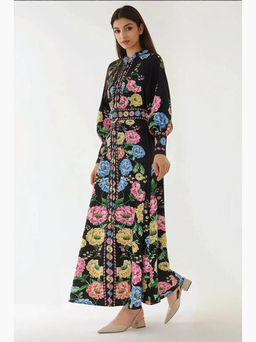 Vestido comprido estampado de manga comprida com cinto hiccup - Kiabi