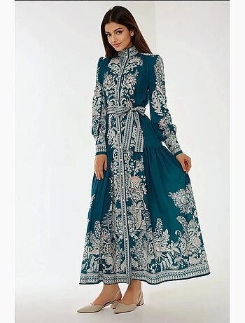 Vestido comprido estampado de manga comprida com cinto hiccup