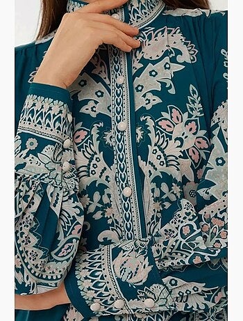 Vestido comprido estampado de manga comprida com cinto hiccup