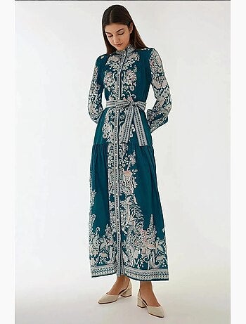 Vestido comprido estampado de manga comprida com cinto hiccup
