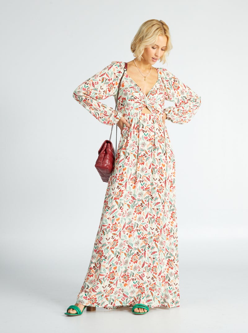 Vestido comprido estampado e recorte frontal BEGE - Kiabi