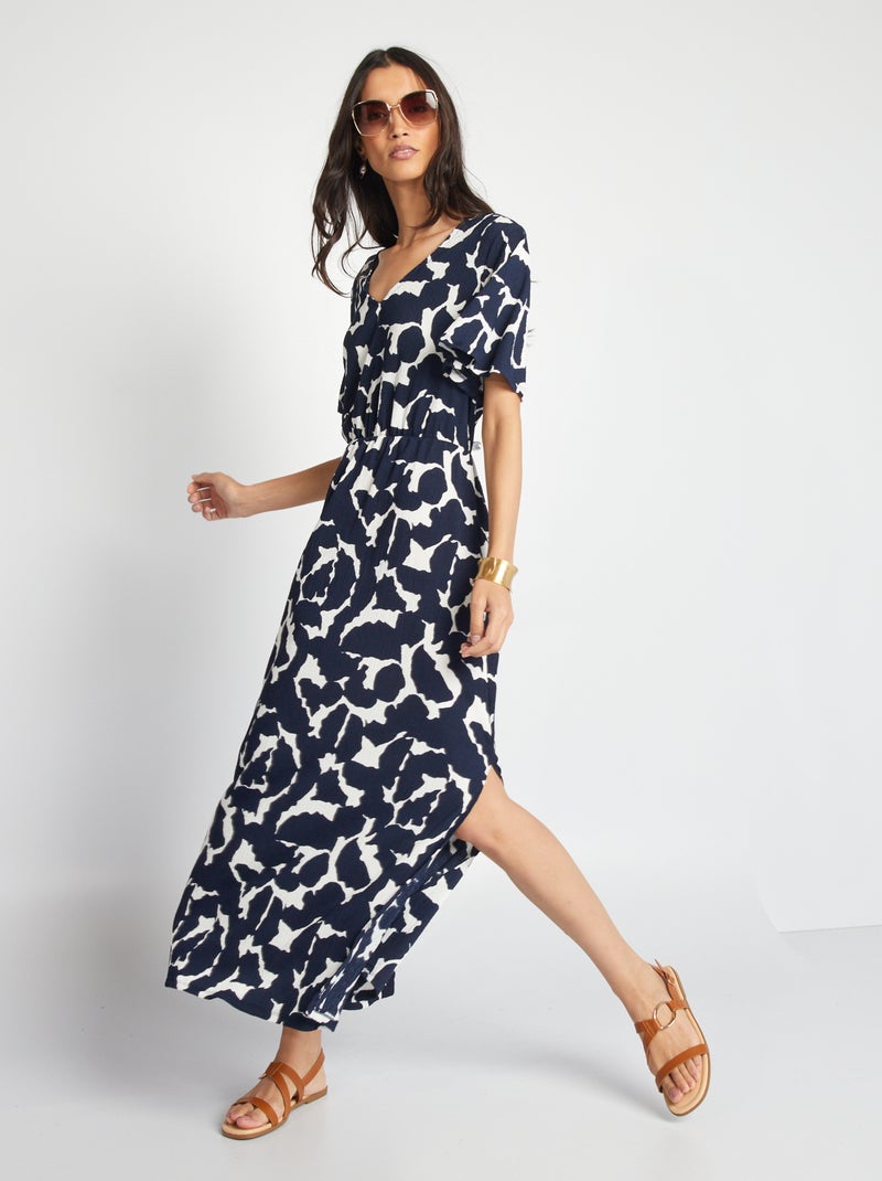 Vestido comprido estampado em malha gofrada AZUL - Kiabi