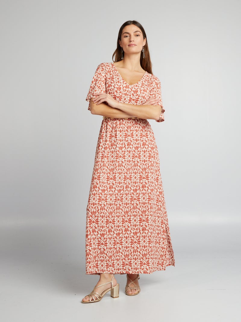 Vestido comprido estampado em malha gofrada ROXO - Kiabi
