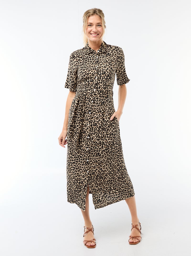 Vestido comprido estilo camisa com cinto para atar Bege - Kiabi