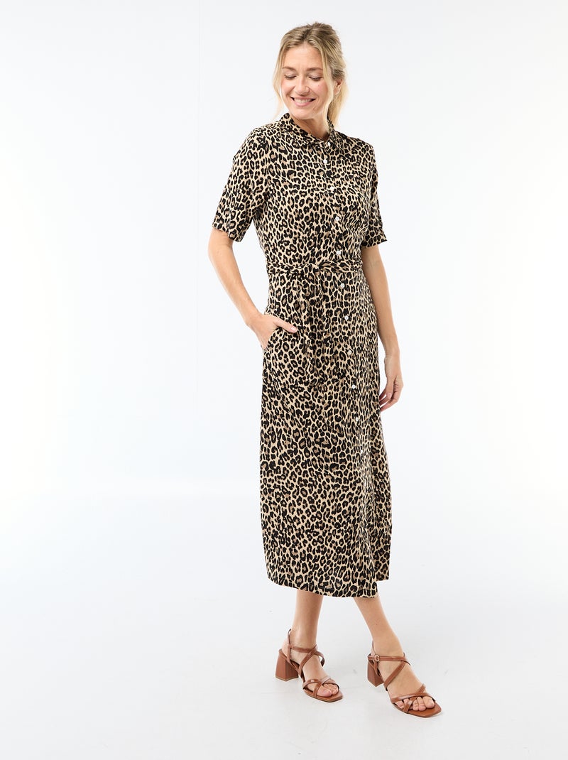 Vestido comprido estilo camisa com cinto para atar Bege - Kiabi