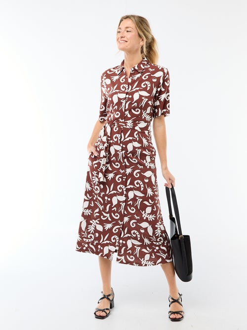 Vestido comprido estilo camisa com cinto para atar - Kiabi