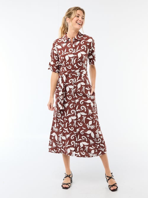 Vestido comprido estilo camisa com cinto para atar - Kiabi