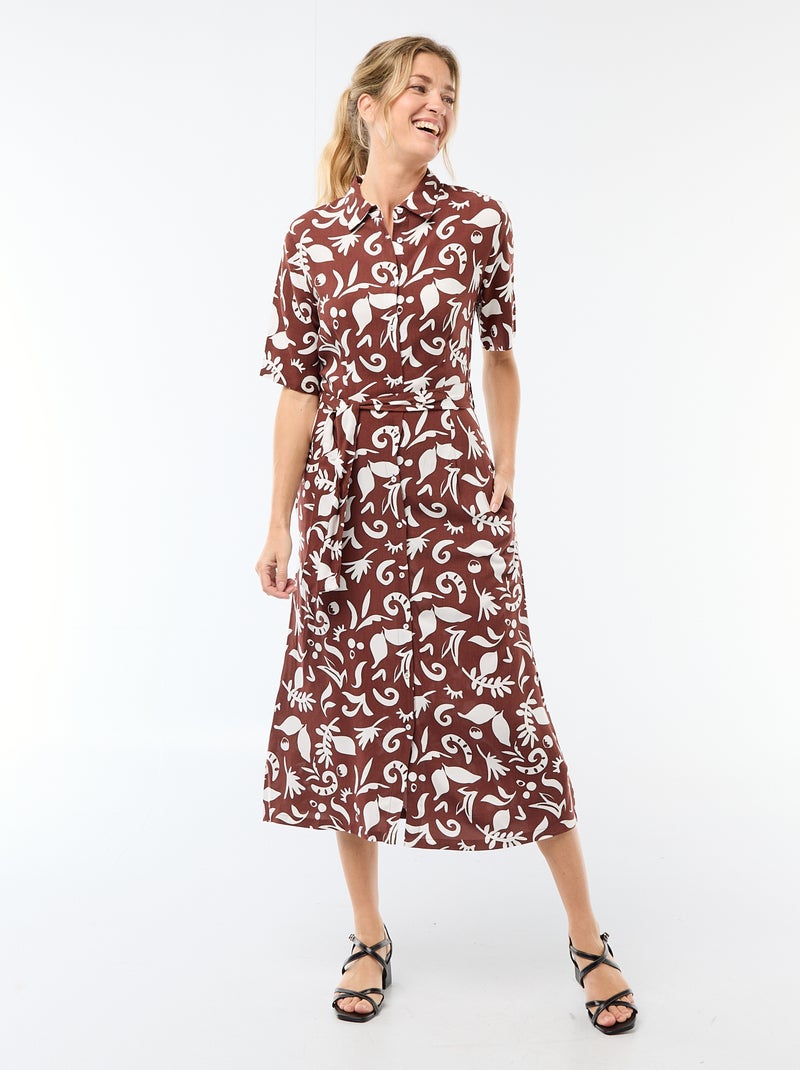 Vestido comprido estilo camisa com cinto para atar Castanho - Kiabi
