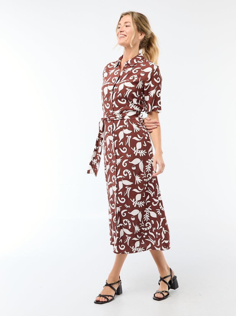 Vestido comprido estilo camisa com cinto para atar Castanho - Kiabi