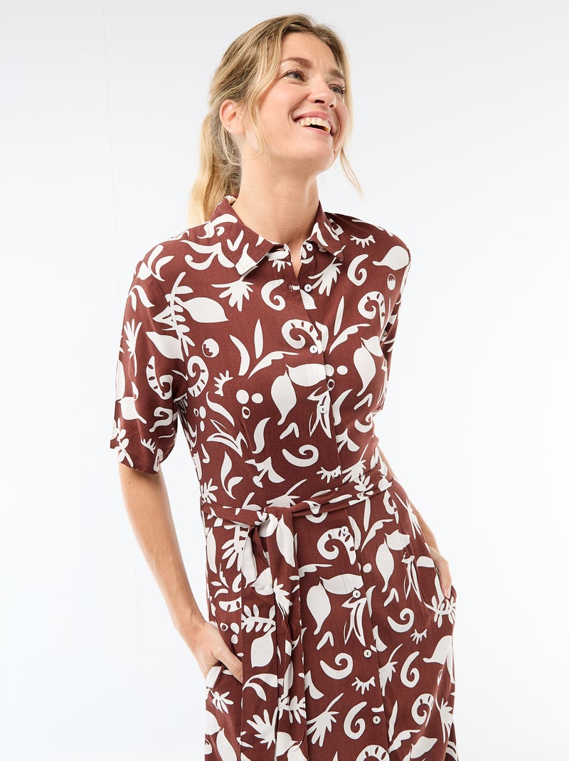 Vestido comprido estilo camisa com cinto para atar Castanho - Kiabi