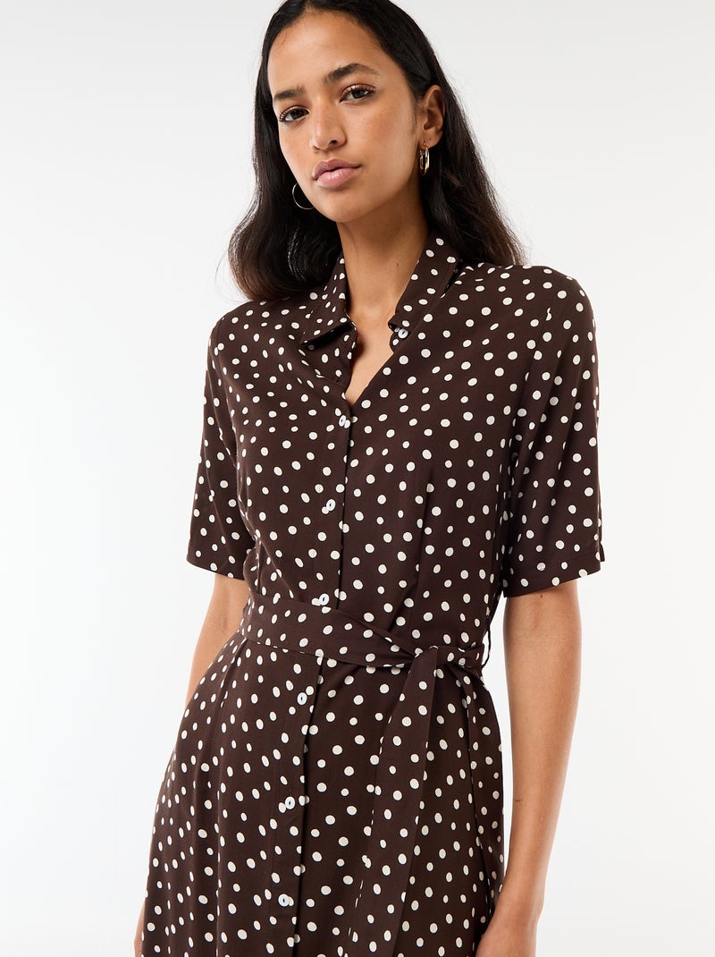 Vestido comprido estilo camisa com cinto para atar Castanho - Kiabi