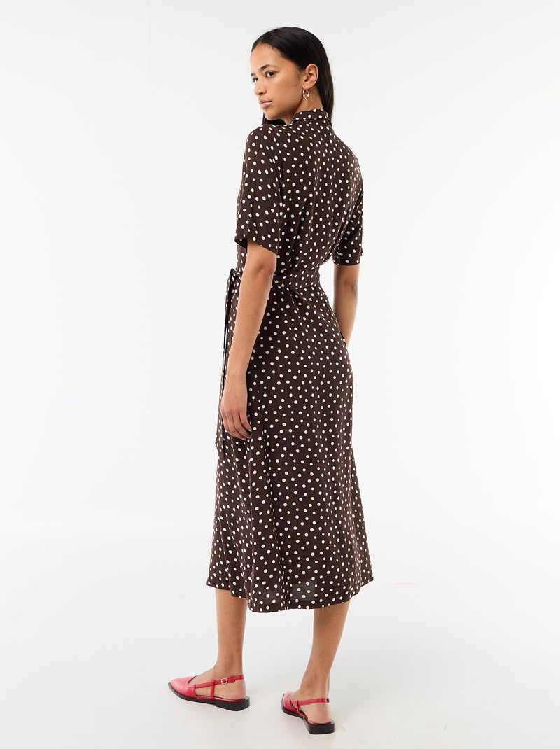 Vestido comprido estilo camisa com cinto para atar Castanho - Kiabi